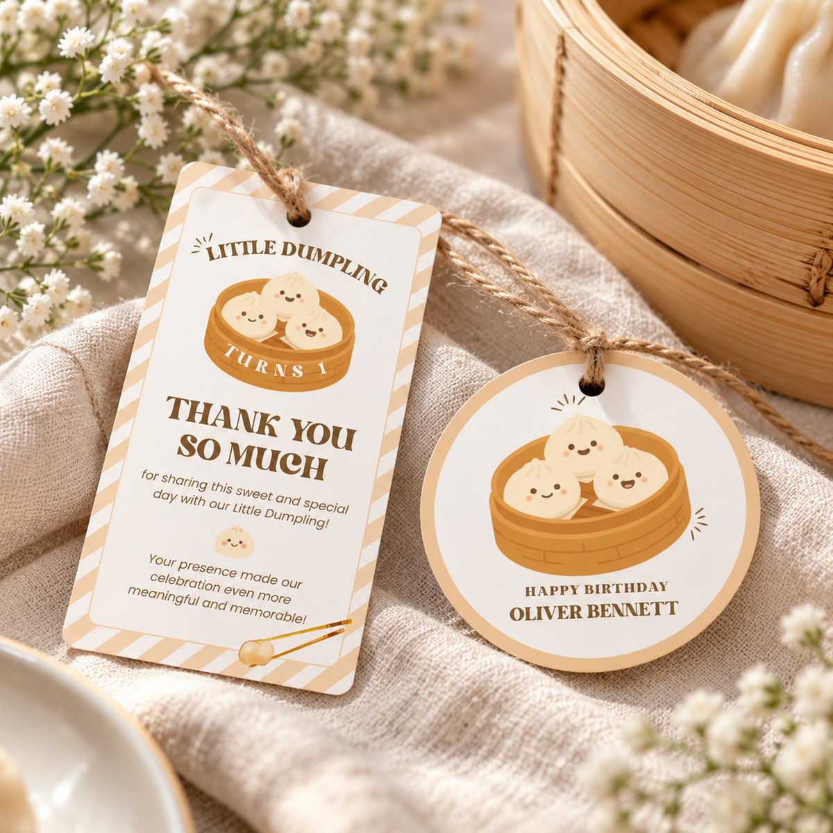 Close-up of a rectangular and a round little dumpling tag with twine