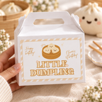 Close-up of a little dumpling 1st birthday favor box label