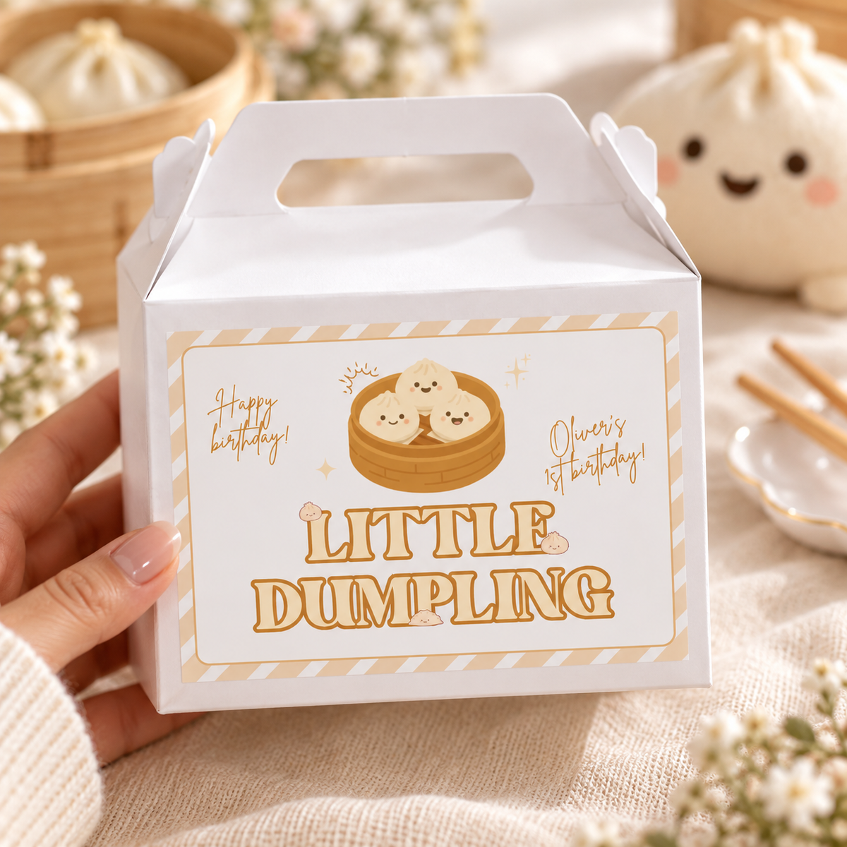 Close-up of a little dumpling 1st birthday favor box label