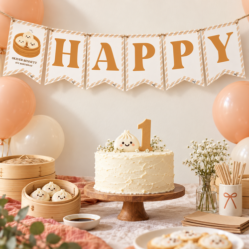 Little dumpling HAPPY BIRTHDAY banner hanging above a 1st birthday cake table