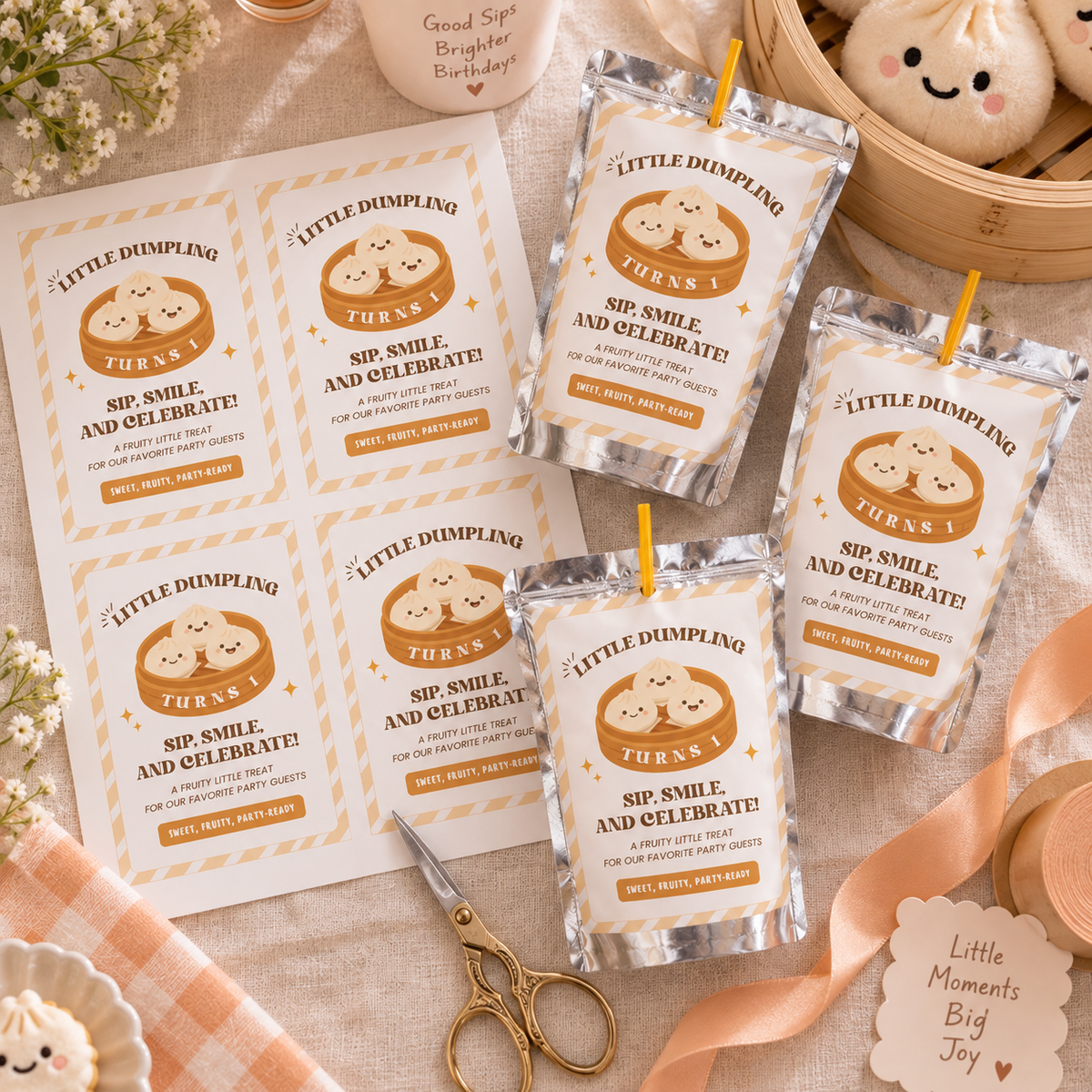 Flat lay of printed little dumpling juice pouch labels with wrapped pouches