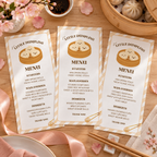 Flat lay of three printed little dumpling menu cards