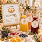 Little dumpling mimosa bar sign on an easel with juice tags on carafes at a 1st birthday brunch