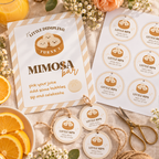 Flat lay of printed little dumpling juice tags and mimosa bar sign