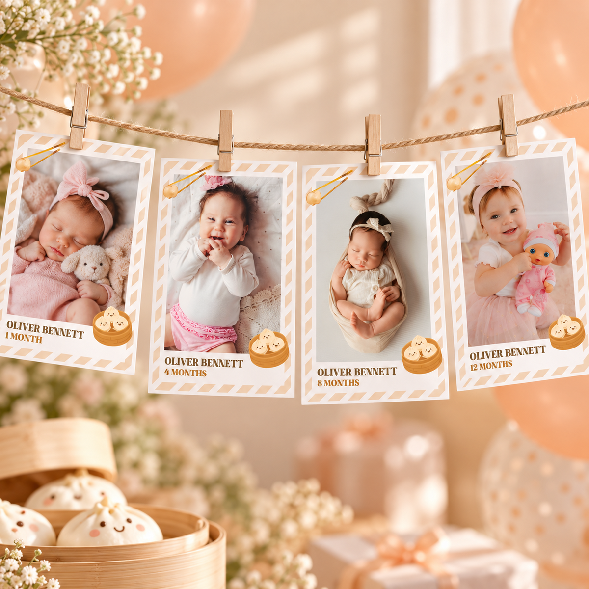 Close-up of little dumpling monthly photo cards clipped on twine
