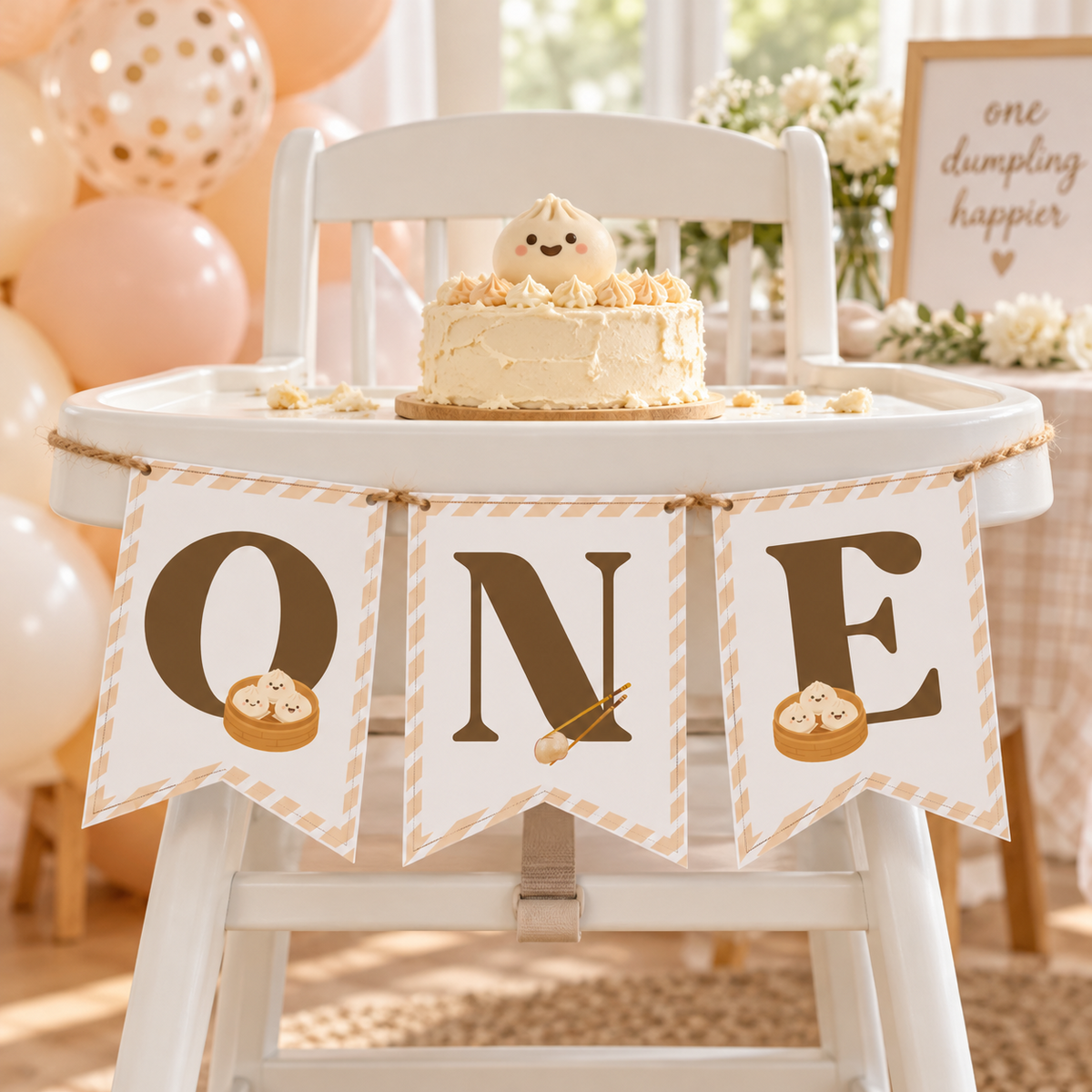 Little dumpling ONE banner hanging on a white high chair at a 1st birthday