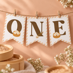 Close-up of the little dumpling ONE pennants clipped on twine