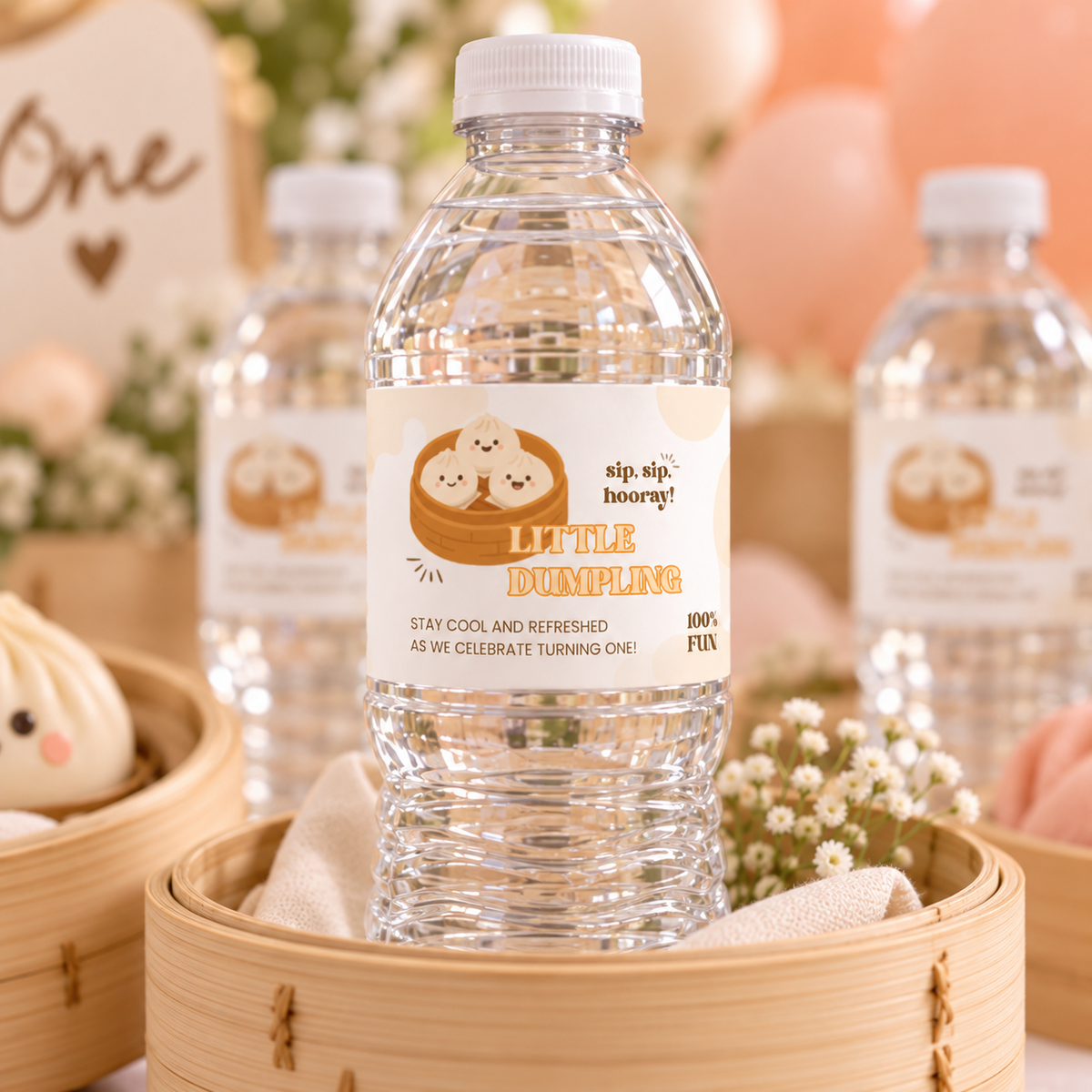 Close-up of a water bottle with the little dumpling label