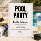 Minimalist black and white pool party invitation with a bold headline and pool ring