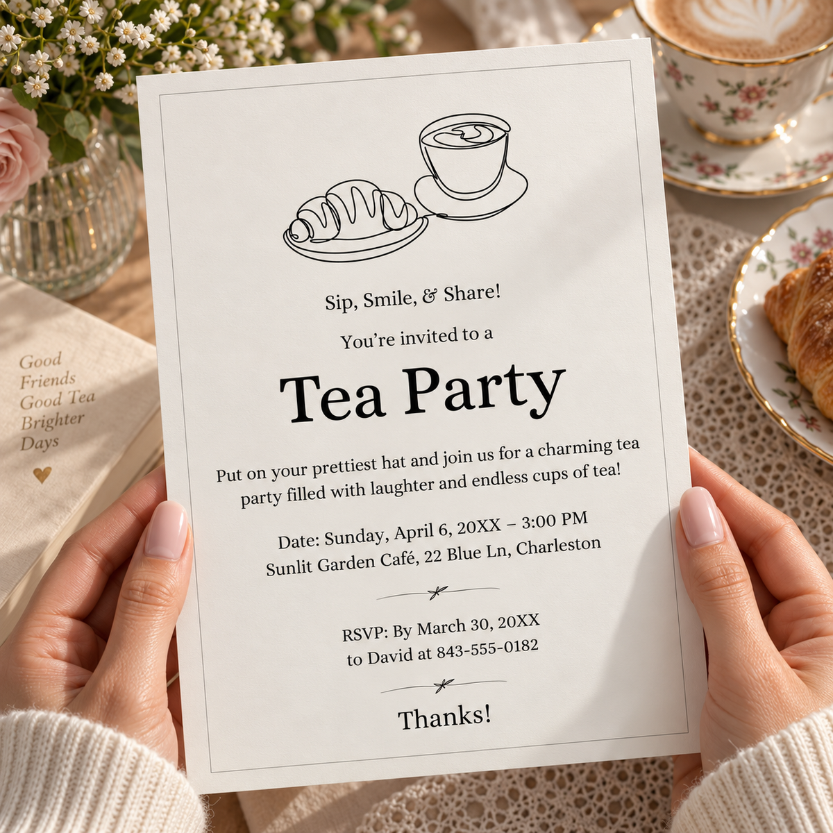 Line art tea party e-vite in phone size for sending by message