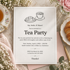 Minimalist line art tea party invitation printable template with cup and croissant