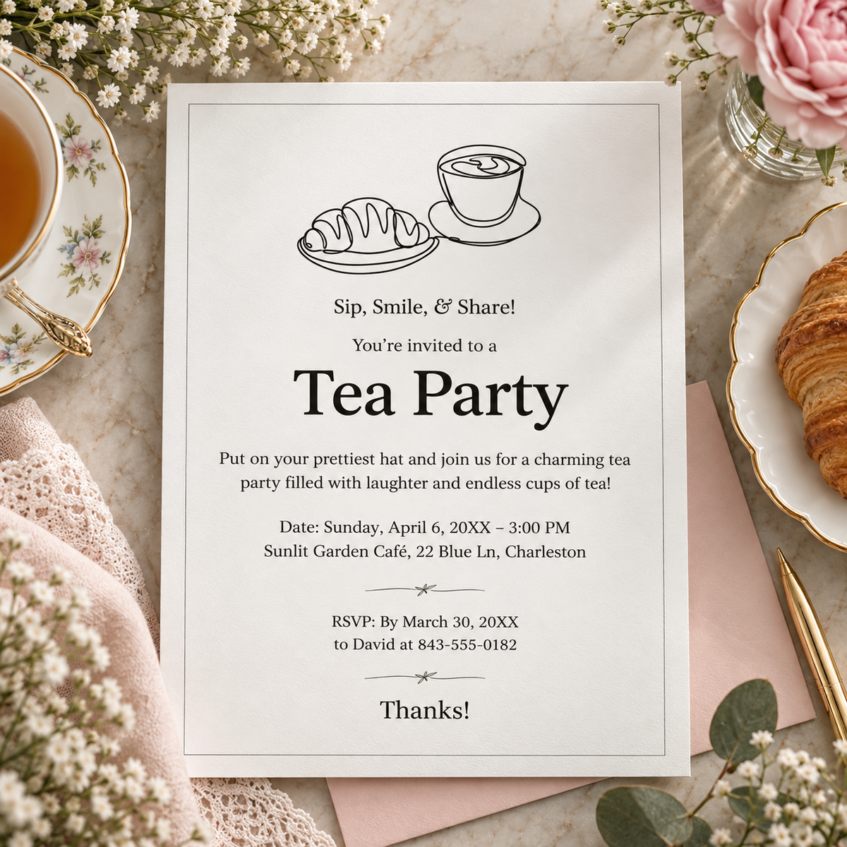 Minimalist line art tea party invitation printable template with cup and croissant