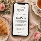 Black and white tea party invitation template shown printed at 8.5 x 11 inches