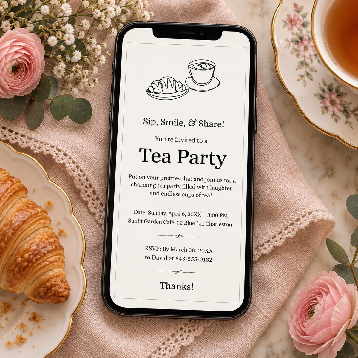 Black and white tea party invitation template shown printed at 8.5 x 11 inches