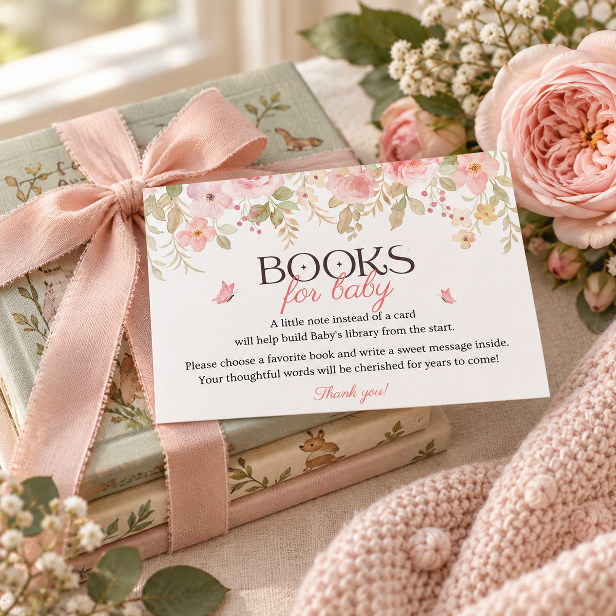 Baby in bloom books for baby card on a stack of children's books with blush ribbon
