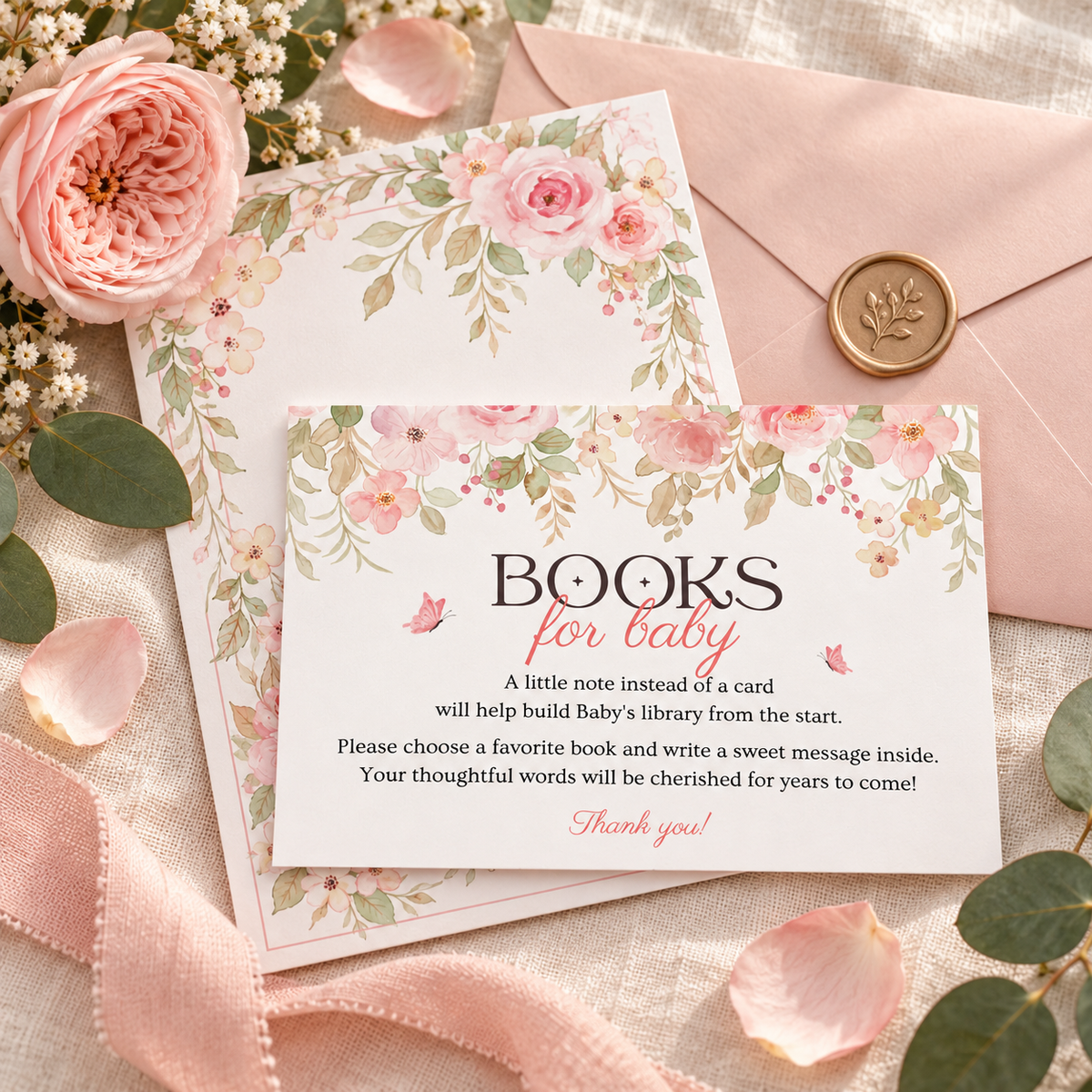 Pink floral books for baby insert card with matching baby shower invitation and blush envelope