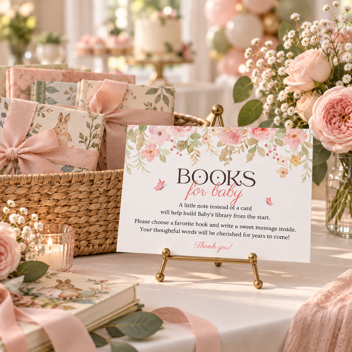 Books for baby sign on a gold easel at a baby shower book station with wrapped books