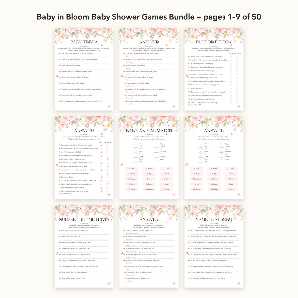 Baby in Bloom Baby Shower Games Bundle – all pages 1–9