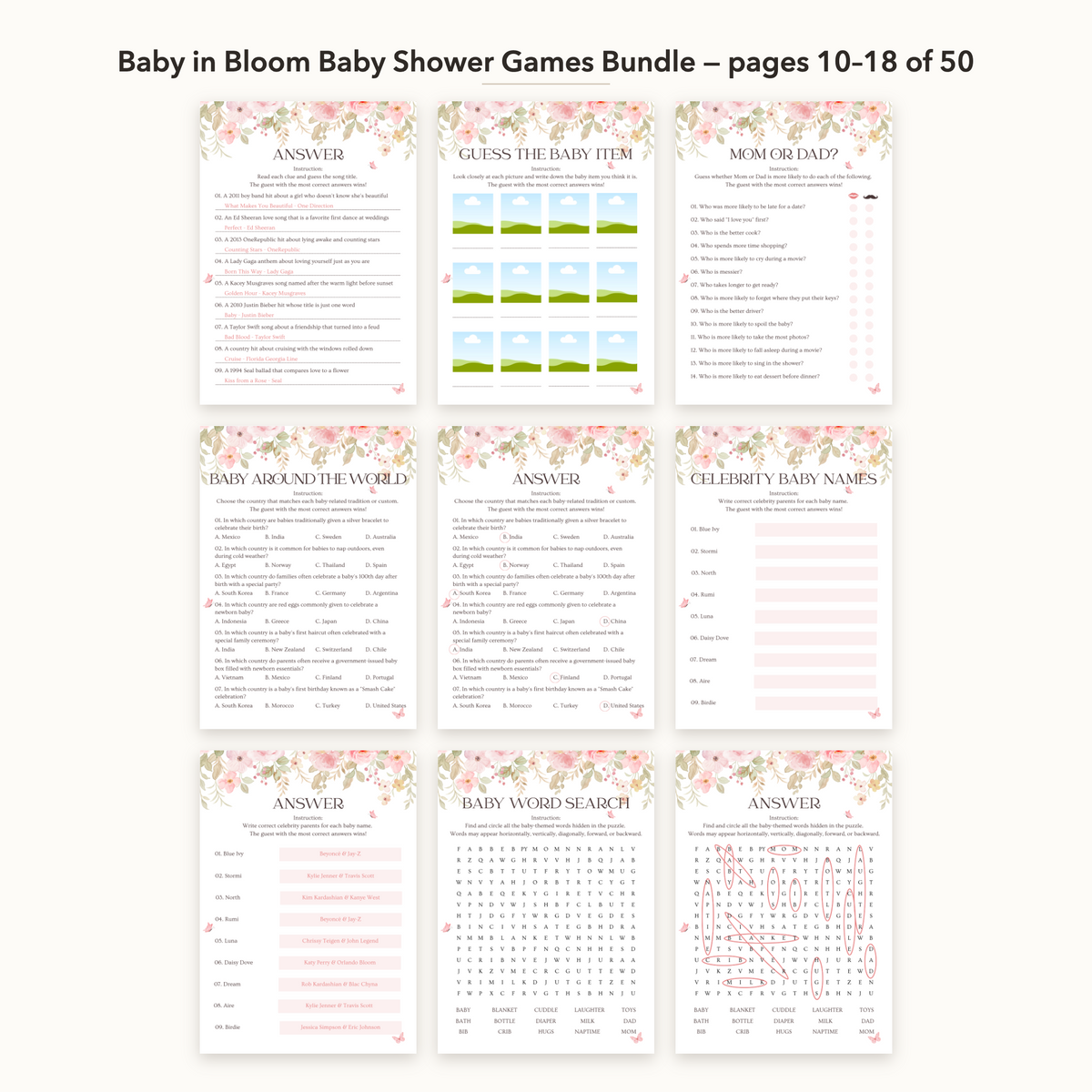 Baby in Bloom Baby Shower Games Bundle – all pages 10–18