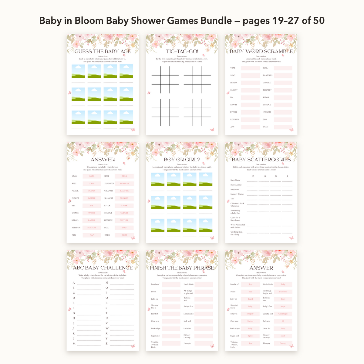 Baby in Bloom Baby Shower Games Bundle – all pages 19–27