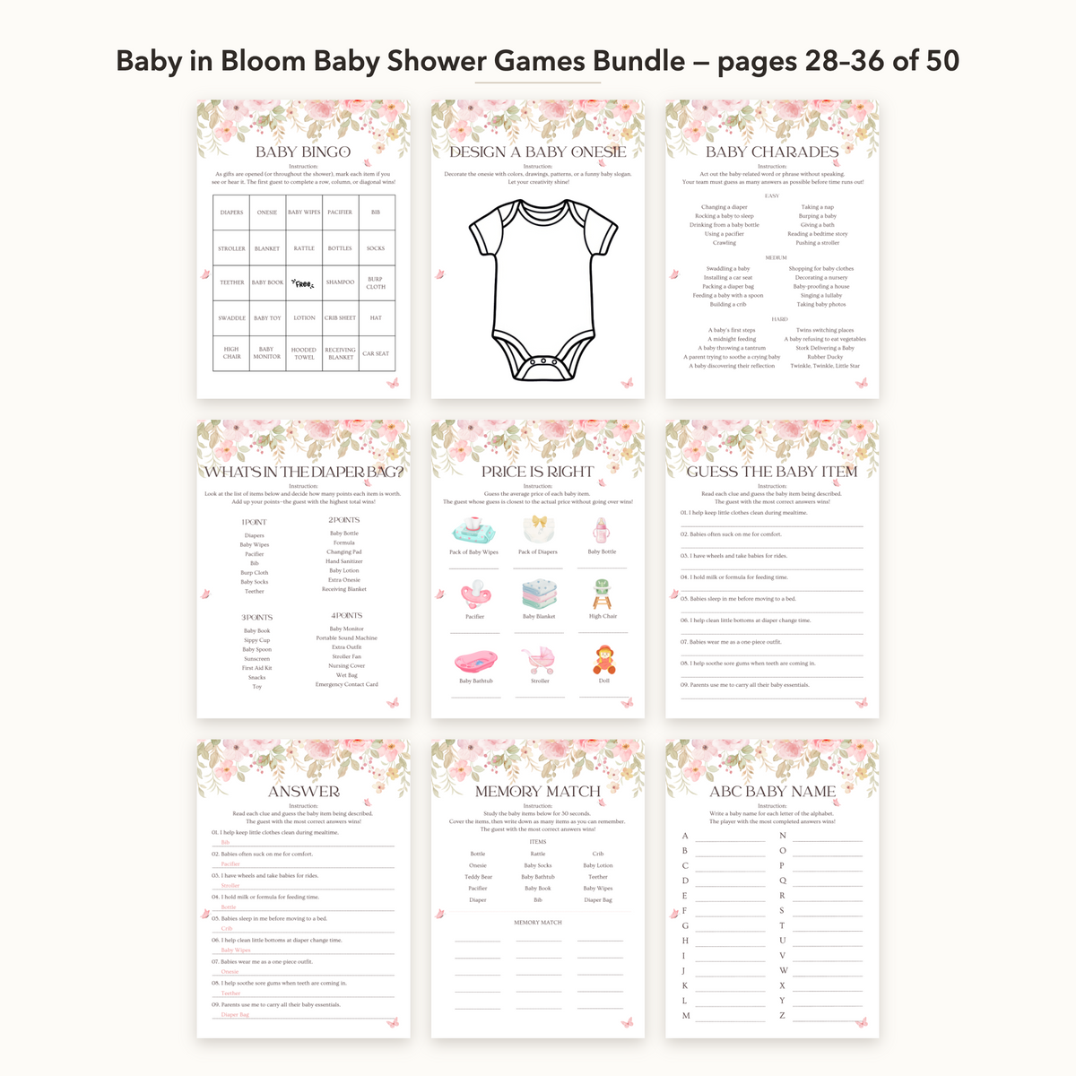 Baby in Bloom Baby Shower Games Bundle – all pages 28–36