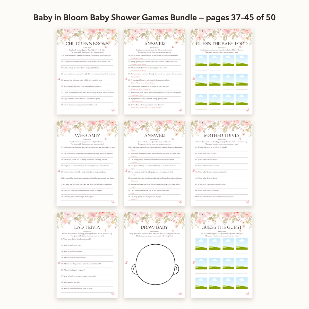 Baby in Bloom Baby Shower Games Bundle – all pages 37–45