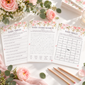 Baby in bloom baby shower games: trivia, word search and bingo cards with pink roses