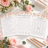 Baby in bloom baby shower games: trivia, word search and bingo cards with pink roses