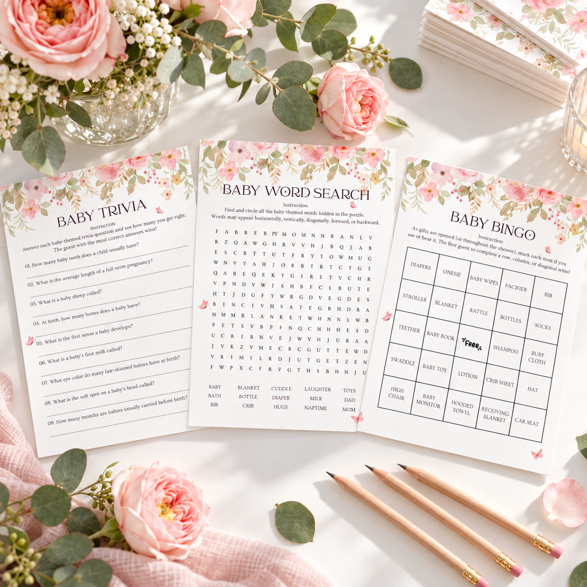 Baby in bloom baby shower games: trivia, word search and bingo cards with pink roses