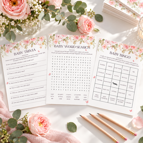 Baby in bloom baby shower games: trivia, word search and bingo cards with pink roses