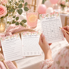 Guest playing pink floral baby shower bingo at a baby shower table
