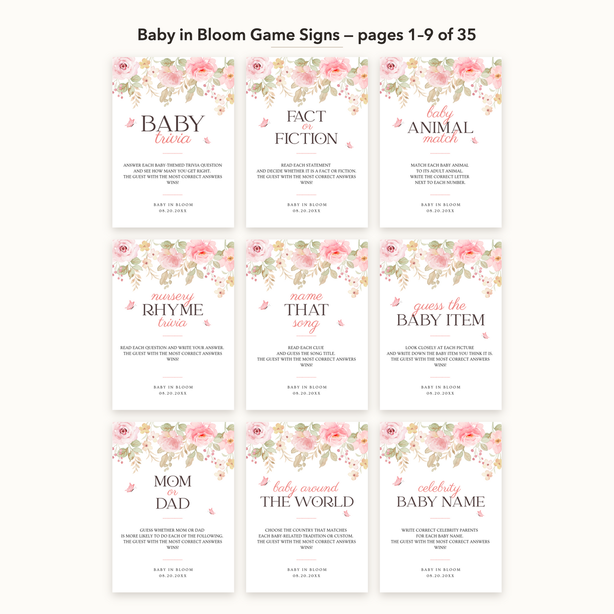 Baby in Bloom Game Signs – all pages 1–9