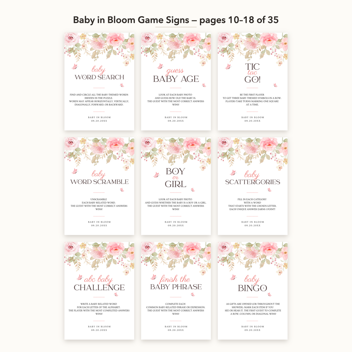 Baby in Bloom Game Signs – all pages 10–18