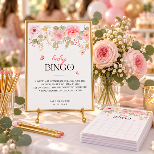 Pink floral baby bingo sign on a gold easel with bingo cards and roses