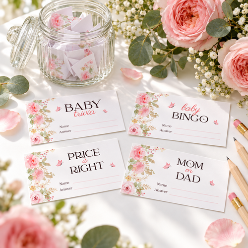 Baby in bloom game answer tickets with a jar of folded tickets and pink roses