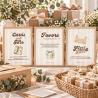 Baby Is Brewing cards and gifts, favors and little love signs on a gift table