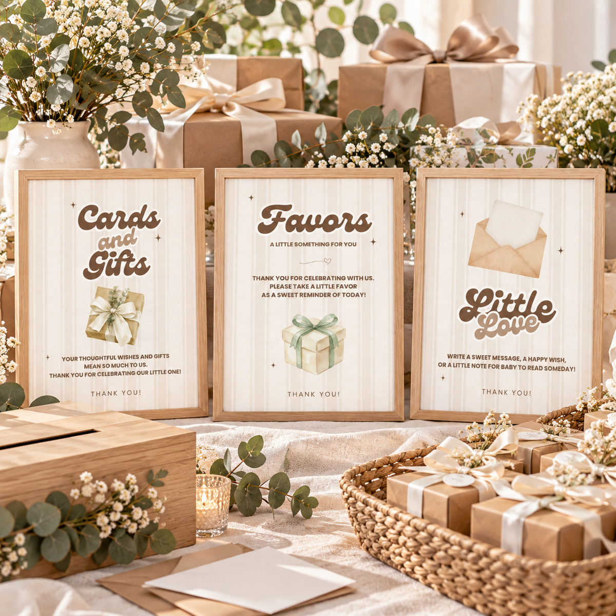 Baby Is Brewing cards and gifts, favors and little love signs on a gift table
