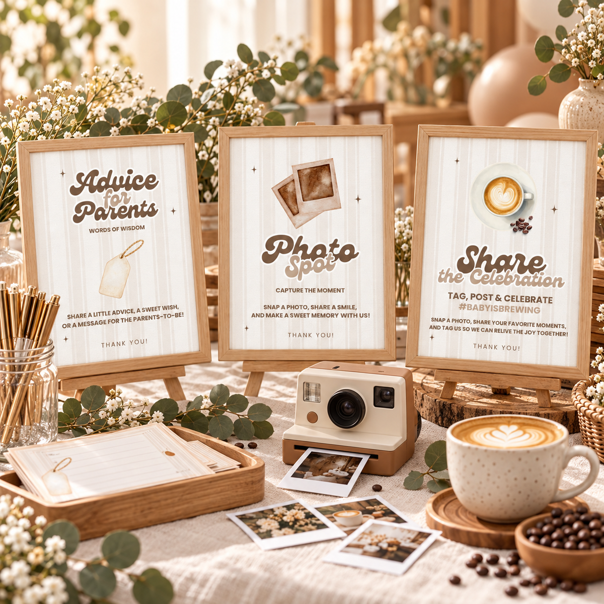 Baby Is Brewing advice, photo spot and share the celebration signs on easels