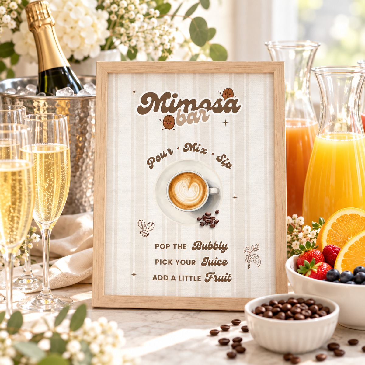 Baby Is Brewing mimosa bar sign in a wood frame on a brunch mimosa bar with champagne flutes and orange juice