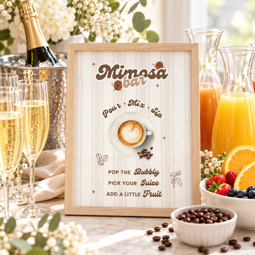 Baby Is Brewing mimosa bar sign in a wood frame on a brunch mimosa bar with champagne flutes and orange juice