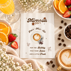 Flat lay of the Baby Is Brewing mimosa sign with oranges, strawberries and coffee beans