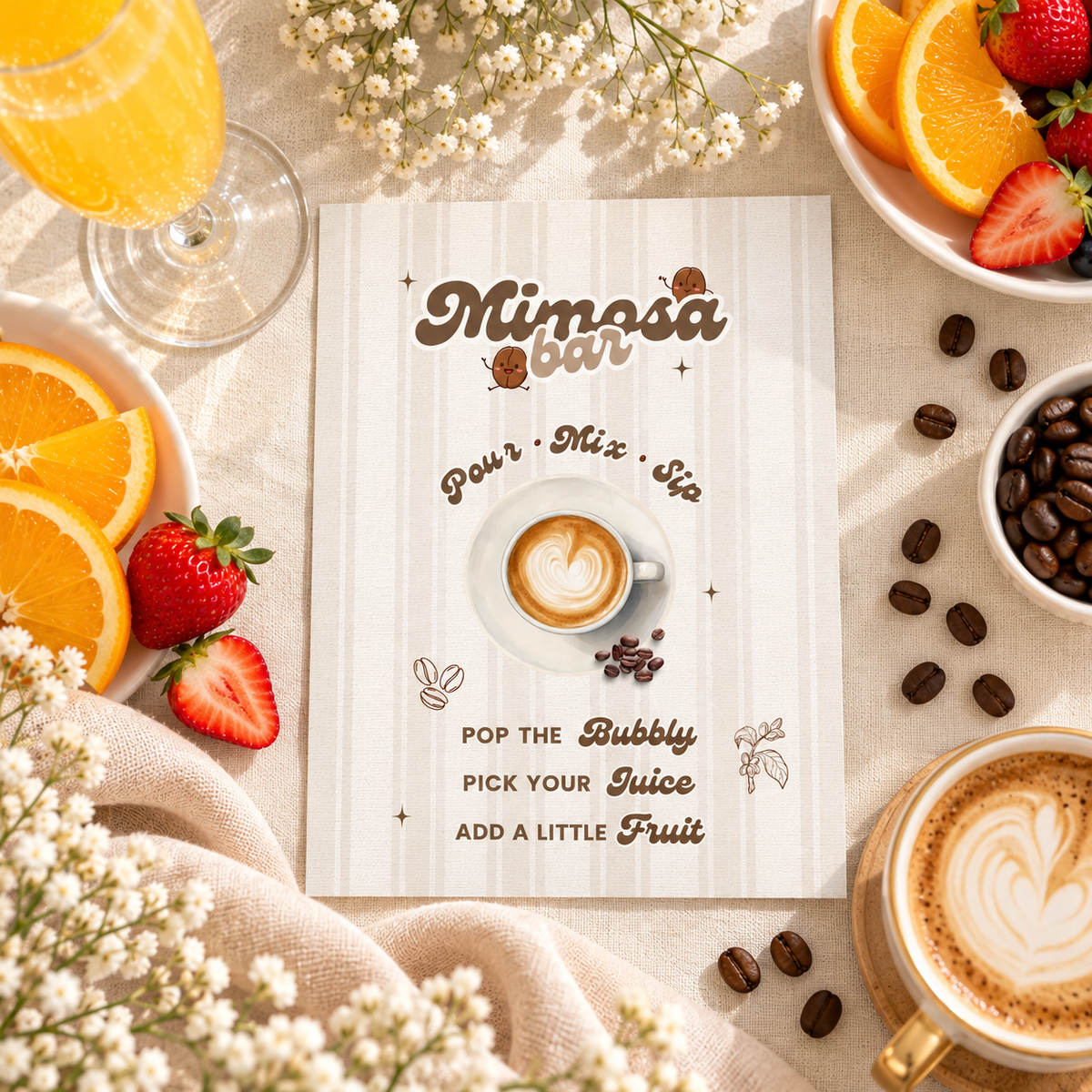 Flat lay of the Baby Is Brewing mimosa sign with oranges, strawberries and coffee beans