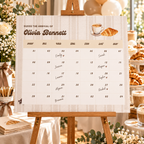 Baby Is Brewing due date calendar on an easel at a coffee baby shower with guest names on the dates