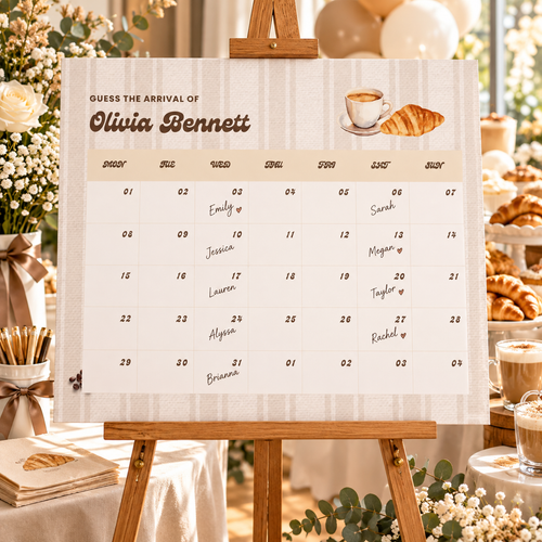Baby Is Brewing due date calendar on an easel at a coffee baby shower with guest names on the dates