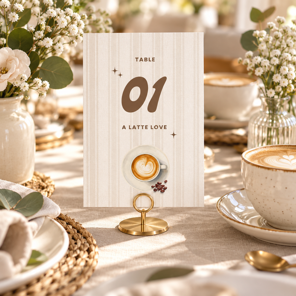 Baby Is Brewing coffee baby shower table number in a gold stand on a brunch table