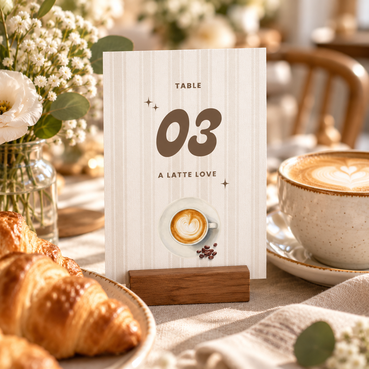 Coffee baby shower table number in a wooden holder with croissants and a latte