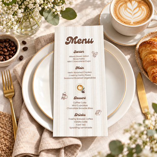 Baby Is Brewing baby shower menu card on a plate at a brunch table with a latte and croissant