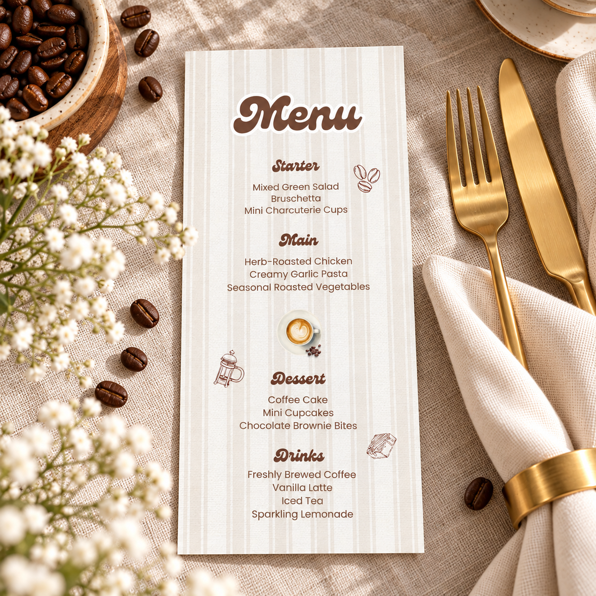 Coffee baby shower menu flat lay with a cream napkin, gold cutlery and coffee beans