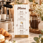 Baby Is Brewing menu in a gold stand on a coffee bar with an espresso machine