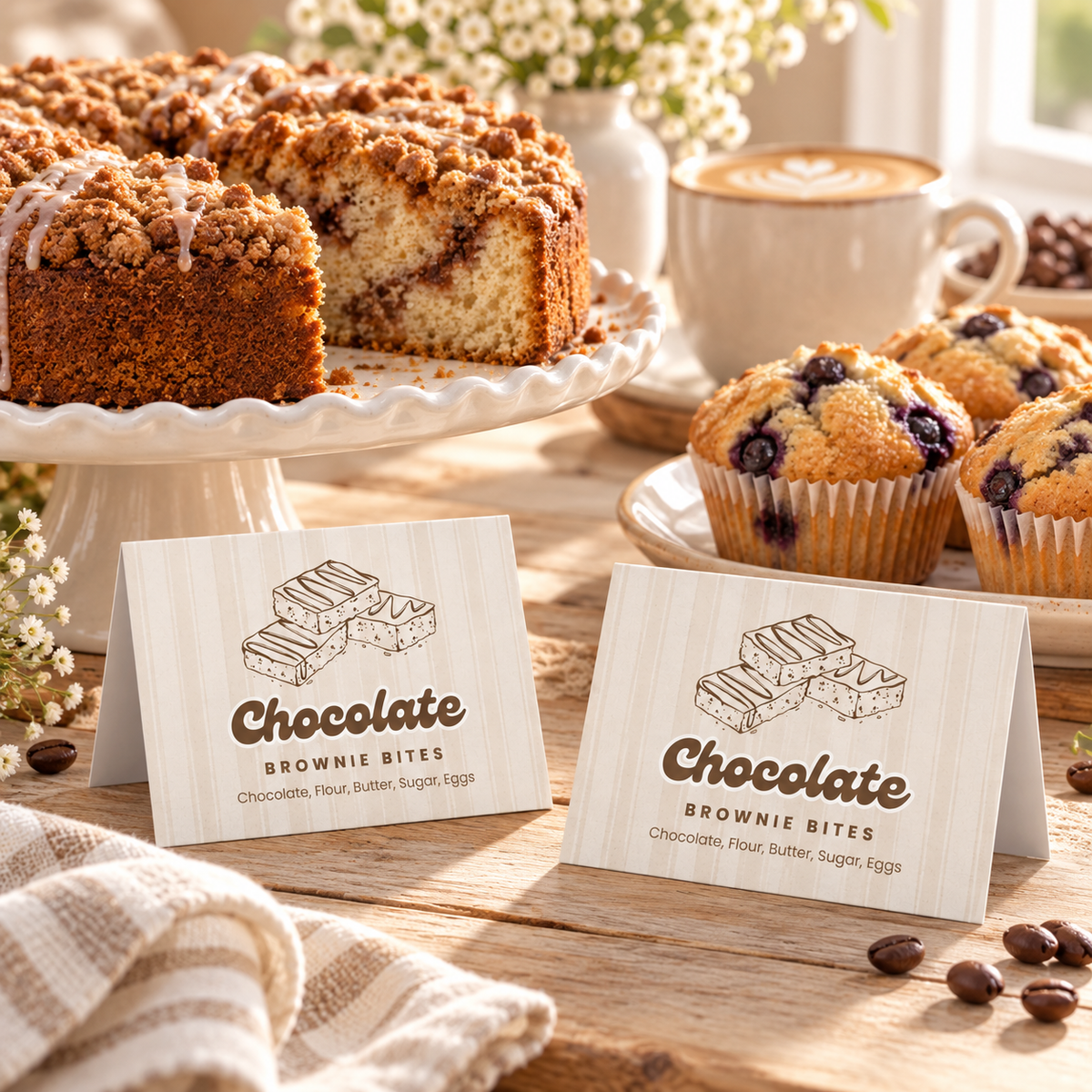 Baby Is Brewing food tent cards next to coffee cake and blueberry muffins with a latte